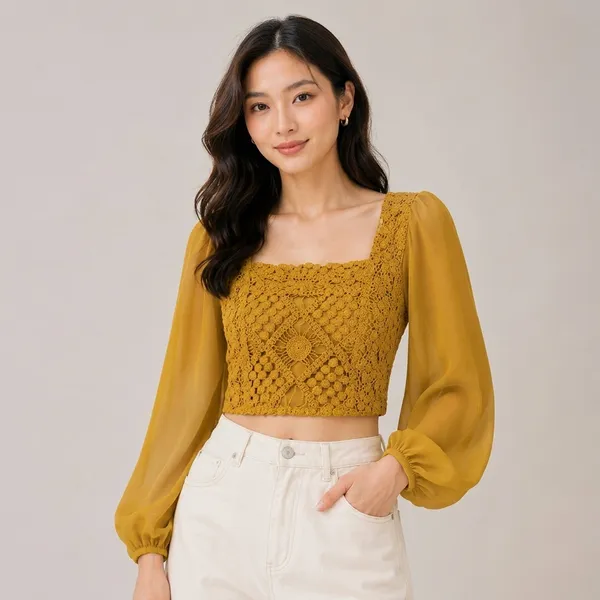 Mustard_Chiffon_Crochet_Balloon_Sleeve_Crop_Top_For_Women