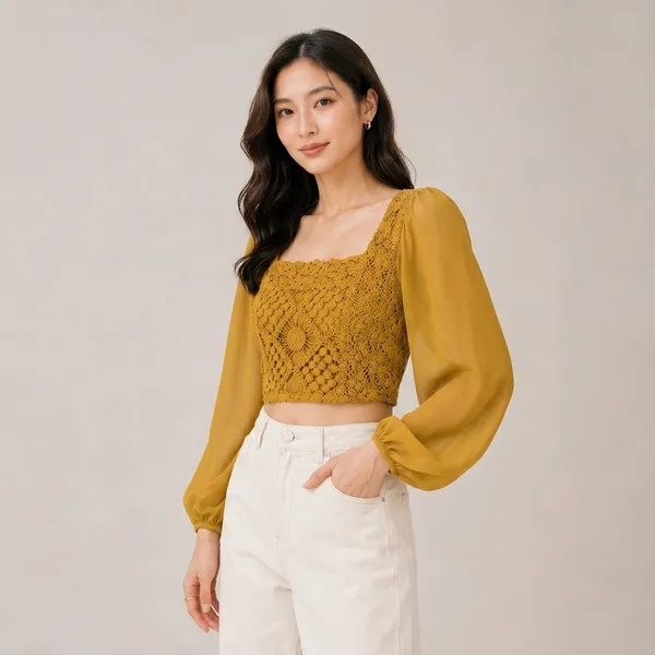 Mustard_Chiffon_Crochet_Balloon_Sleeve_Crop_Top_For_Women