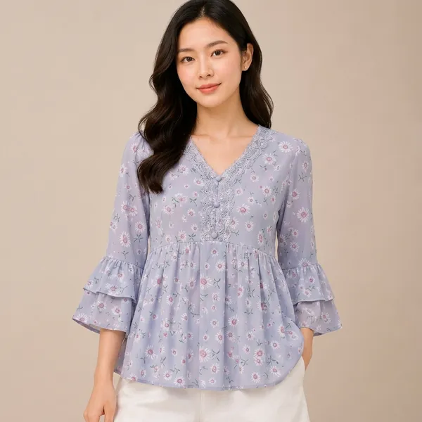 Grey_Chiffon_Floral_Print_Bell_Sleeve_Top_For_Women