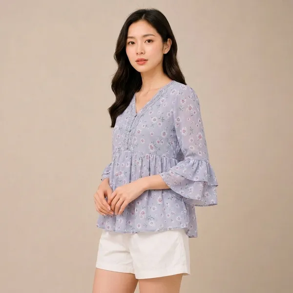 Grey_Chiffon_Floral_Print_Bell_Sleeve_Top_For_Women