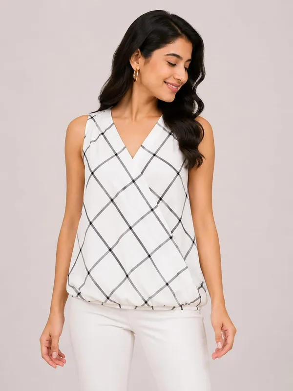 White_Rayon_Checkered_Sleeveless_V-Neck_Top_For_Women