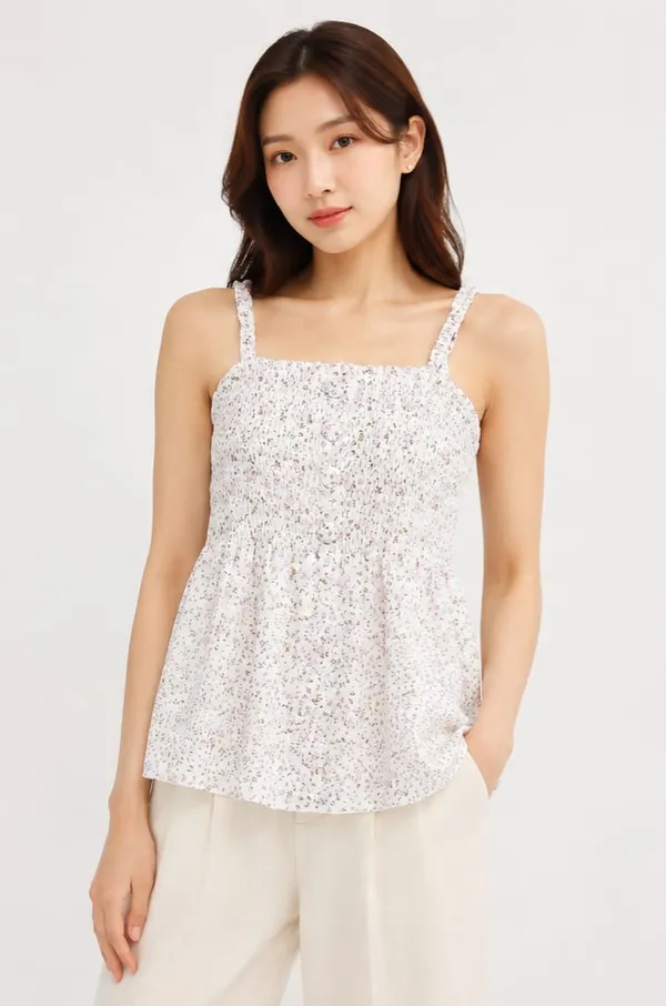 White_Chiffon_Floral_Print_Smocked_Cami_Top_For_Women