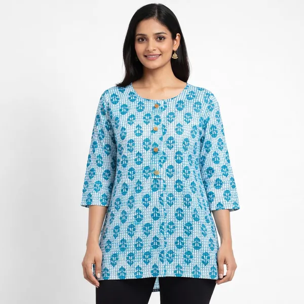 Blue_Cotton_Floral_Block_Print_Short_Kurta_For_Women