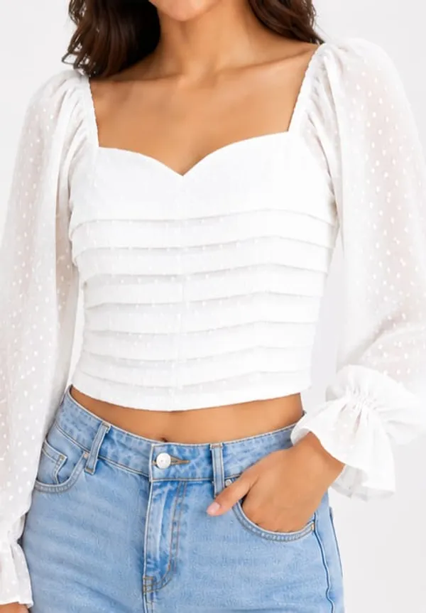 White_Chiffon_Ruched_Sweetheart_Puff_Sleeve_Crop_Top_For_Women