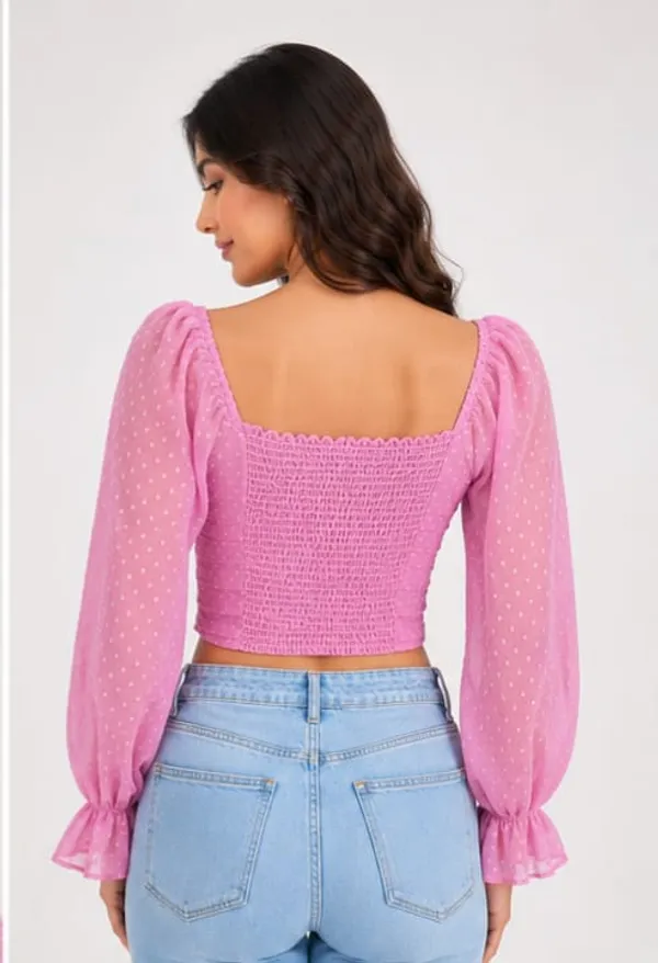 Pink_Chiffon_Polka_Dot_Ruched_Long_Sleeve_Crop_Top_For_Women