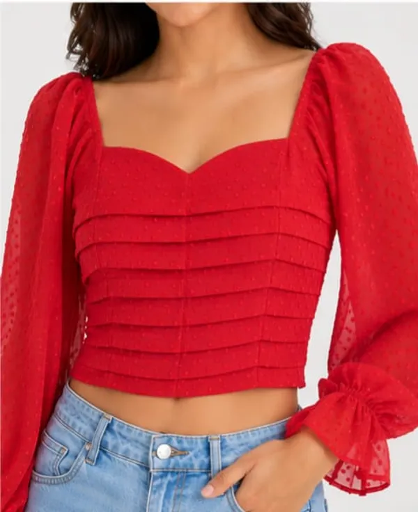 Red_Chiffon_Ruched_Sweetheart_Long_Sleeve_Crop_Top_For_Women
