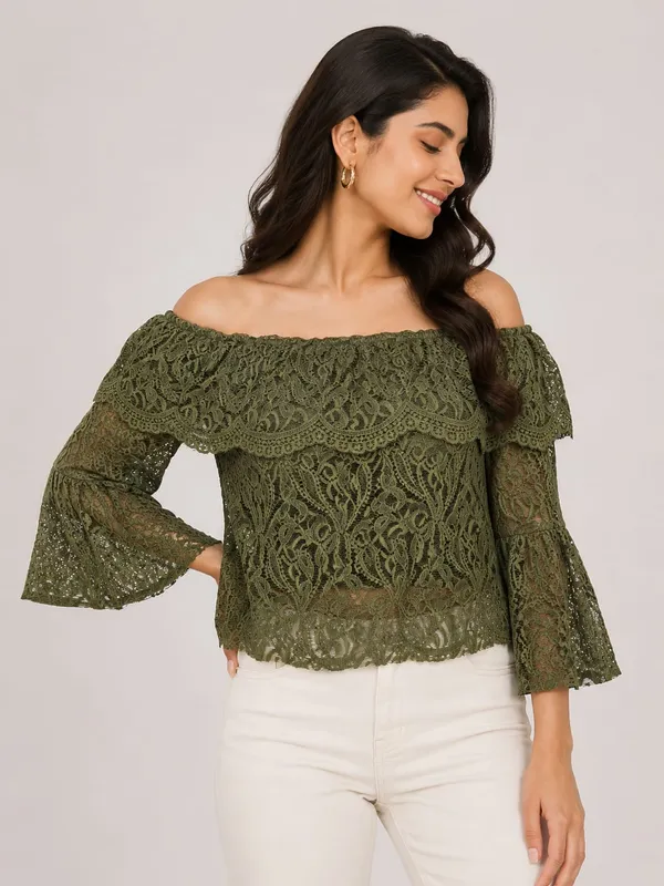 Olive_Green_Net_Lace_Off-Shoulder_Bell_Sleeve_Top_For_Women