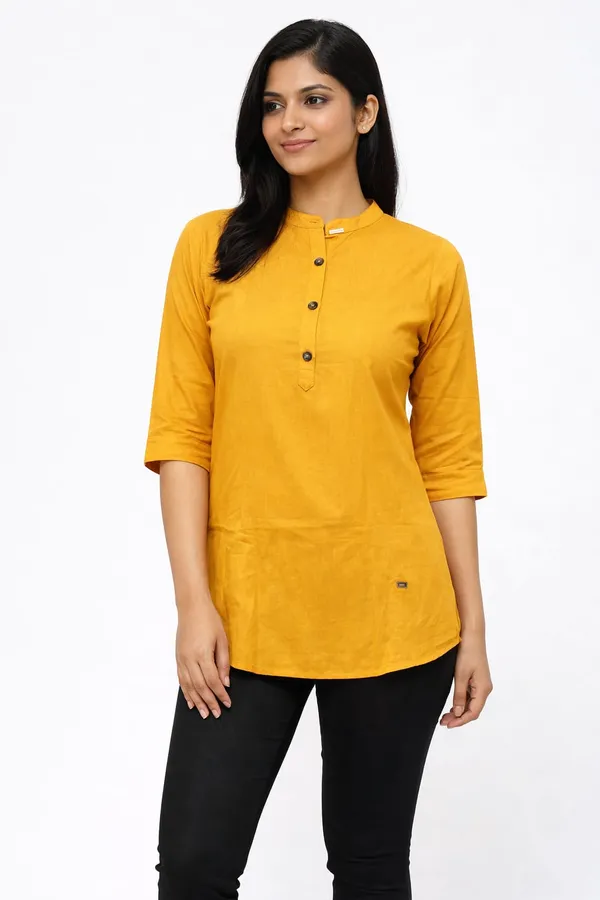 Yellow_Cotton_Mandarin_Collar_Short_Kurta_For_Women