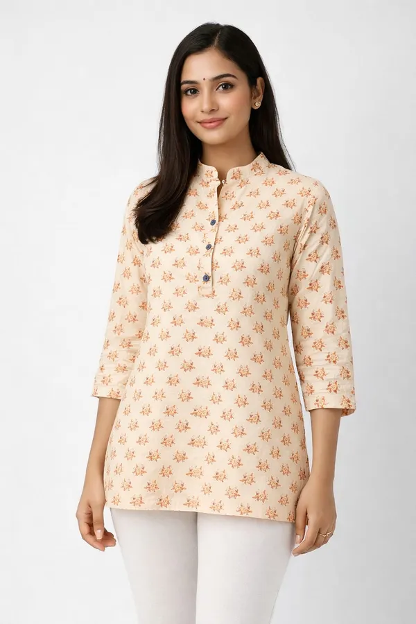 Cream_Cotton_Floral_Print_Mandarin_Collar_Short_Kurti_For_Women