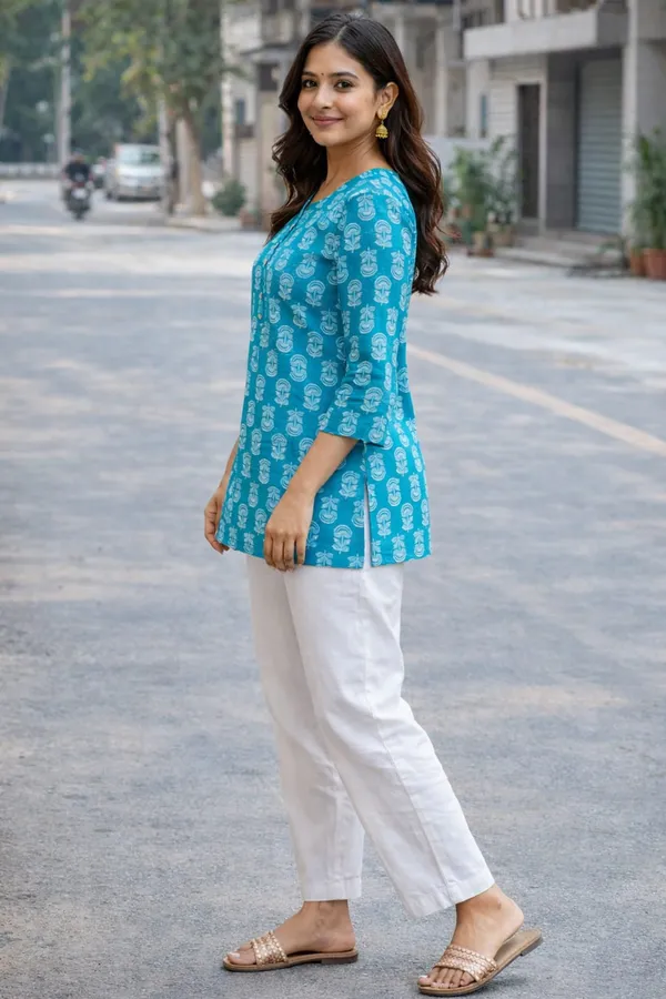 Blue_Cotton_Block_Print_Short_Kurta_For_Women
