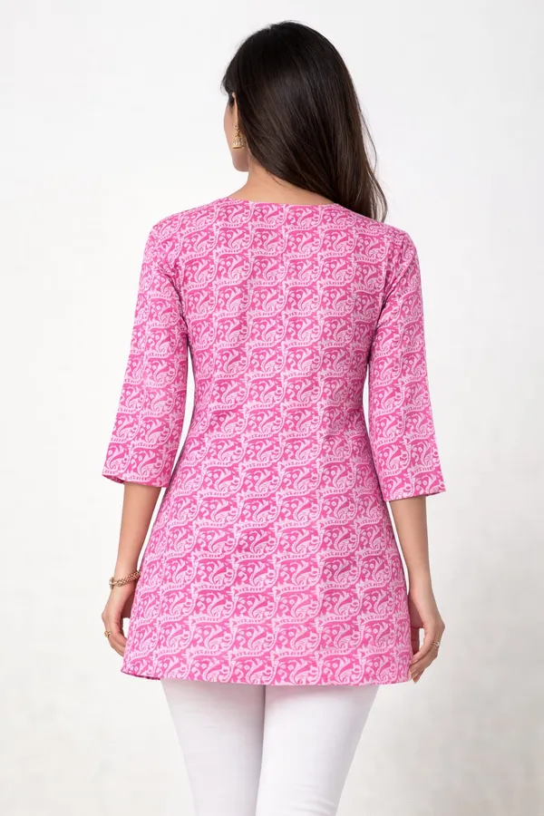 Pink_Cotton_Floral_Printed_Short_Kurta_For_Women