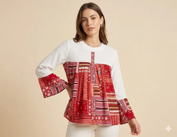Red_Crepe_Patchwork_Ribbed_Top_For_Women