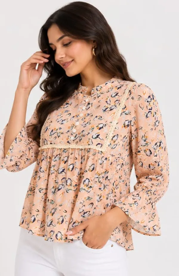 Peach_Chiffon_Floral_Print_Long_Sleeve_Peplum_Top_For_Women