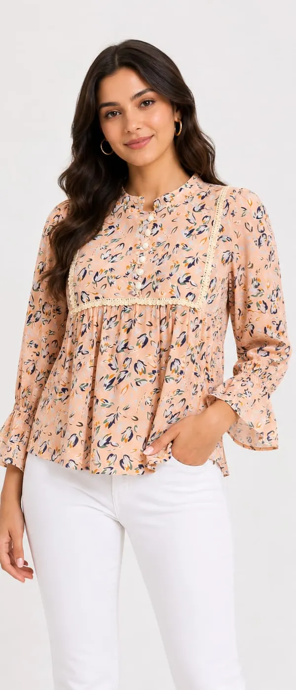 Peach_Chiffon_Floral_Print_Long_Sleeve_Peplum_Top_For_Women