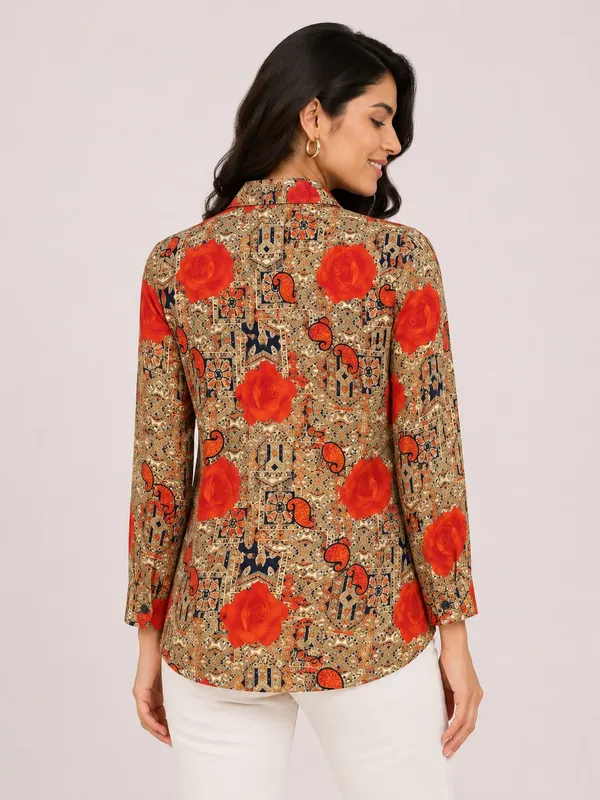 Beige_Satin_Floral_Print_Long_Sleeve_Tunic_For_Women