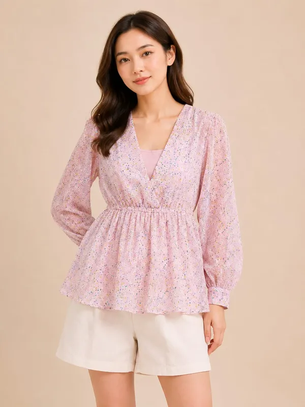 Pink_Chiffon_Floral_Print_Peplum_Top_For_Women
