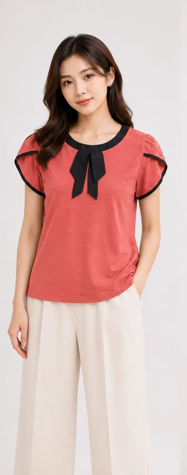 Orange_Lycra_Relaxed_Puff_Sleeve_Bow_Accent_Top_For_Women