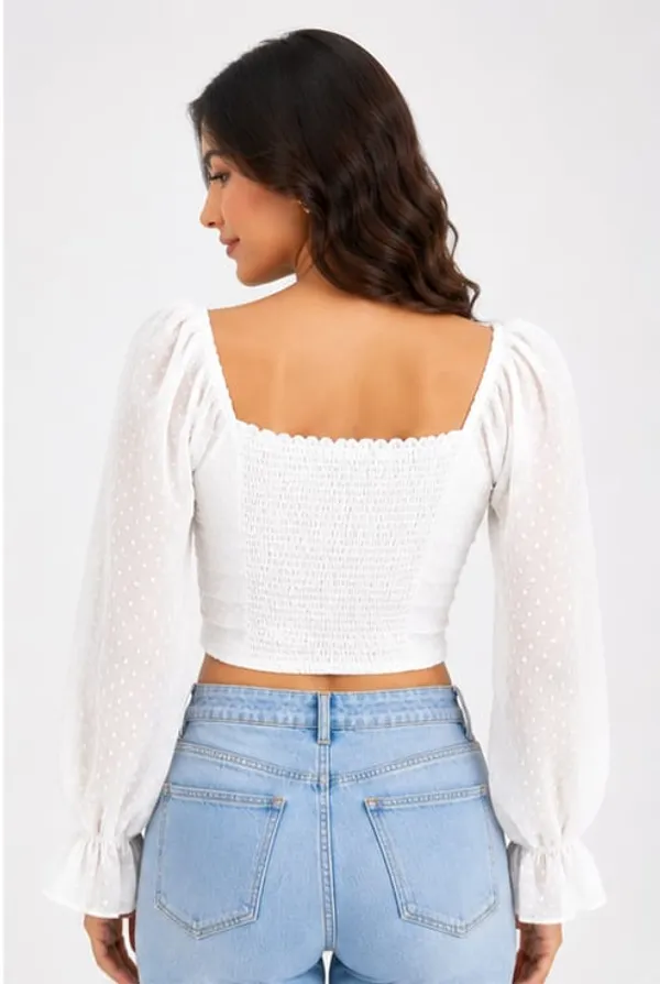 White_Chiffon_Ruched_Sweetheart_Puff_Sleeve_Crop_Top_For_Women