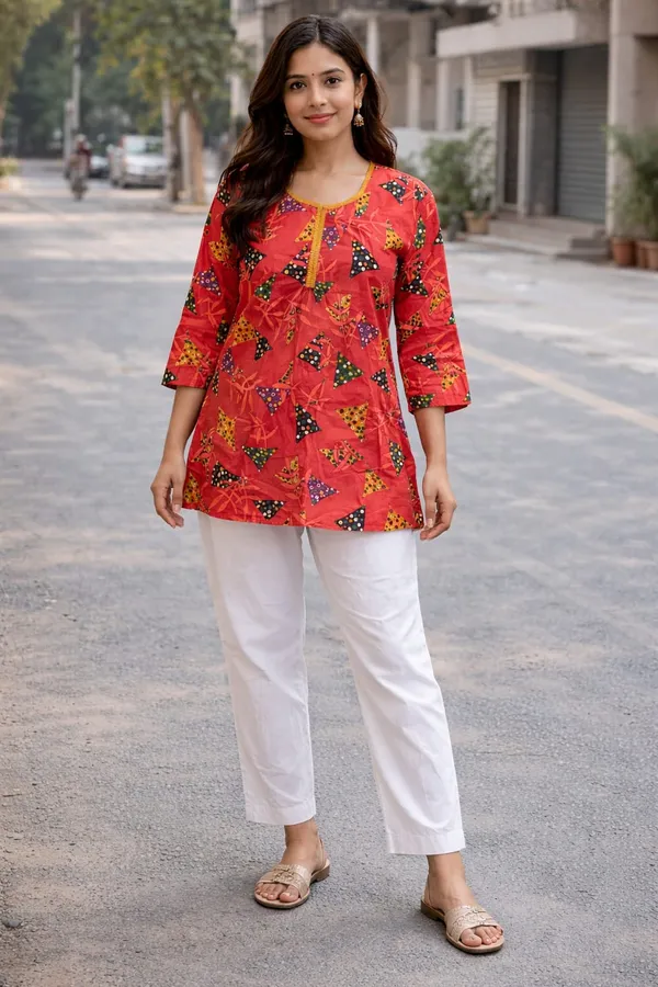 Red_Cotton_Floral_Print_A-Line_Short_Kurta_For_Women