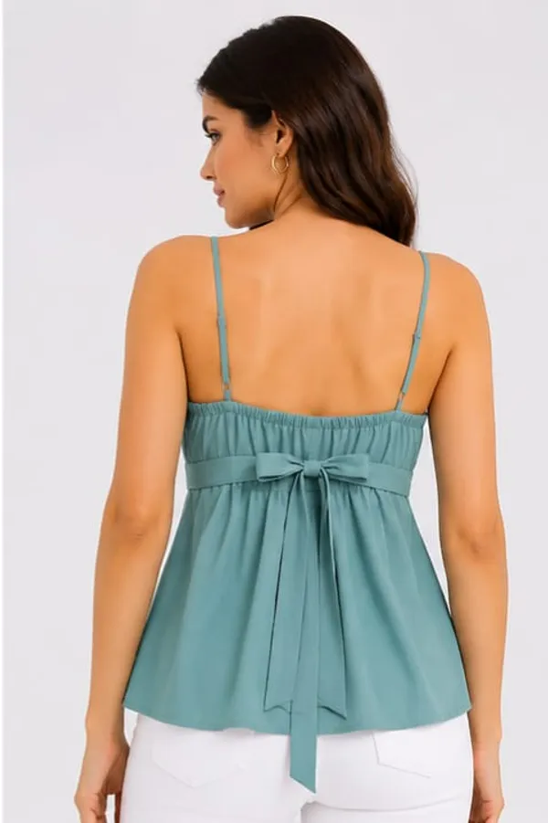Green_Polyester_Spaghetti_Strap_Pleated_Peplum_Top_For_Women