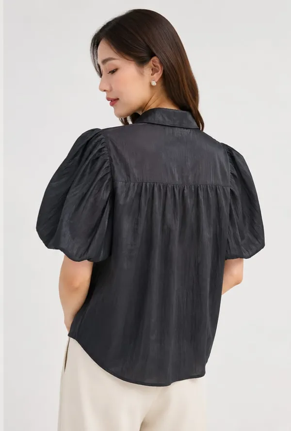 Black_Satin_Puff_Sleeve_Button_Down_Shirt_For_Women