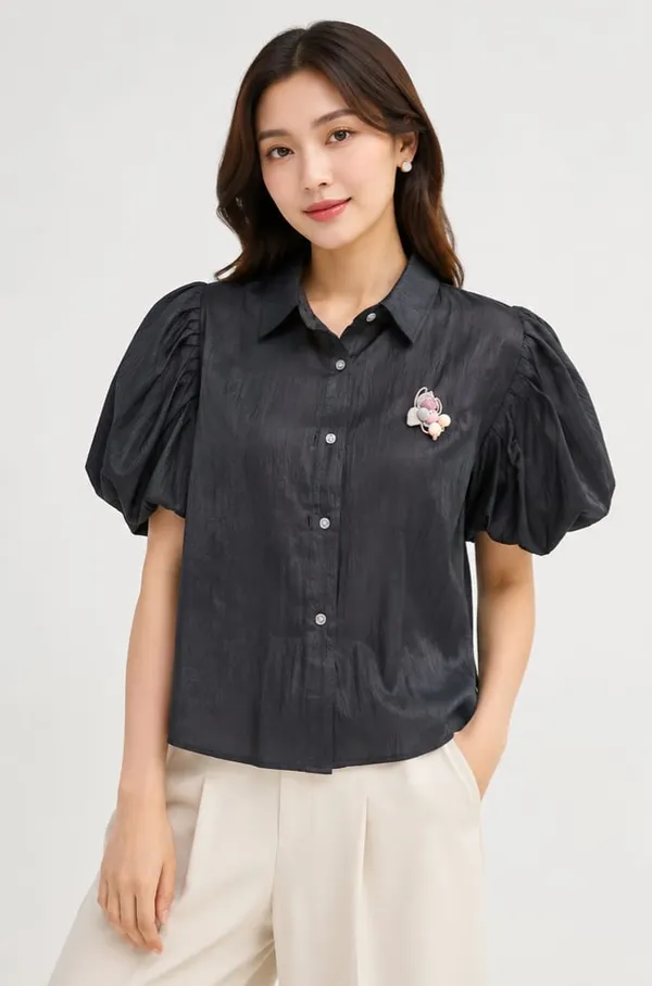 Black_Satin_Puff_Sleeve_Button_Down_Shirt_For_Women