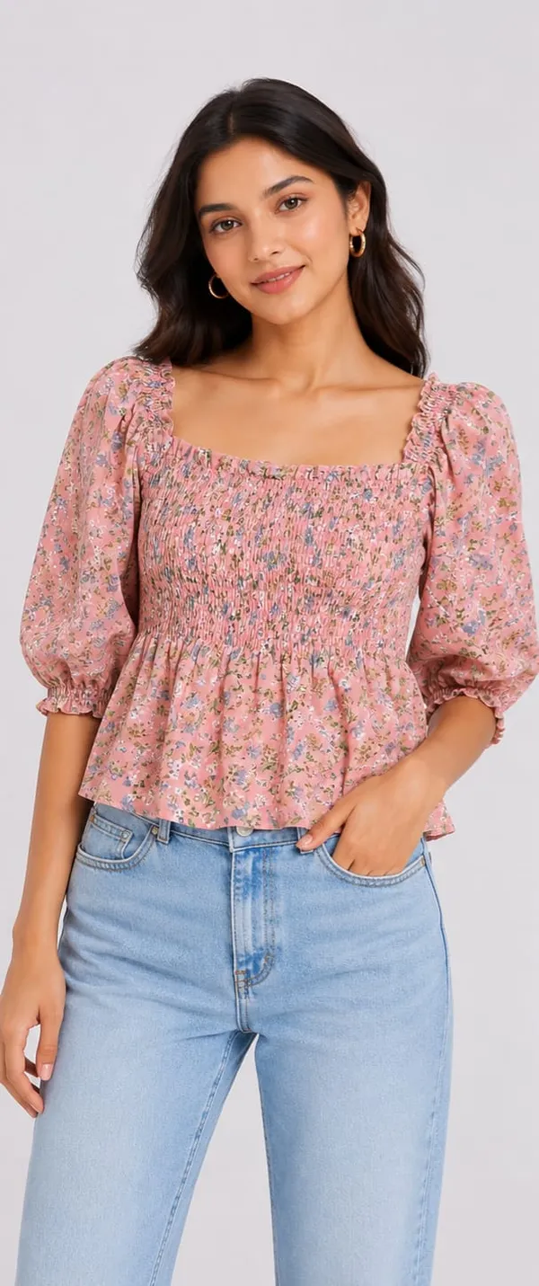 Pink_Crepe_Floral_Smocked_Puff_Sleeve_Top_For_Women