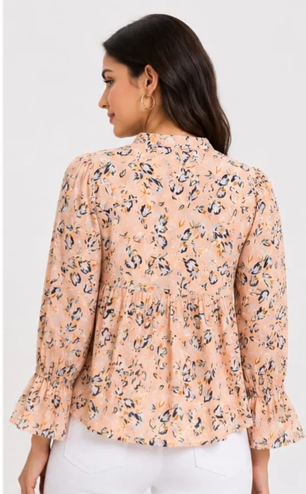Peach_Chiffon_Floral_Print_Long_Sleeve_Peplum_Top_For_Women