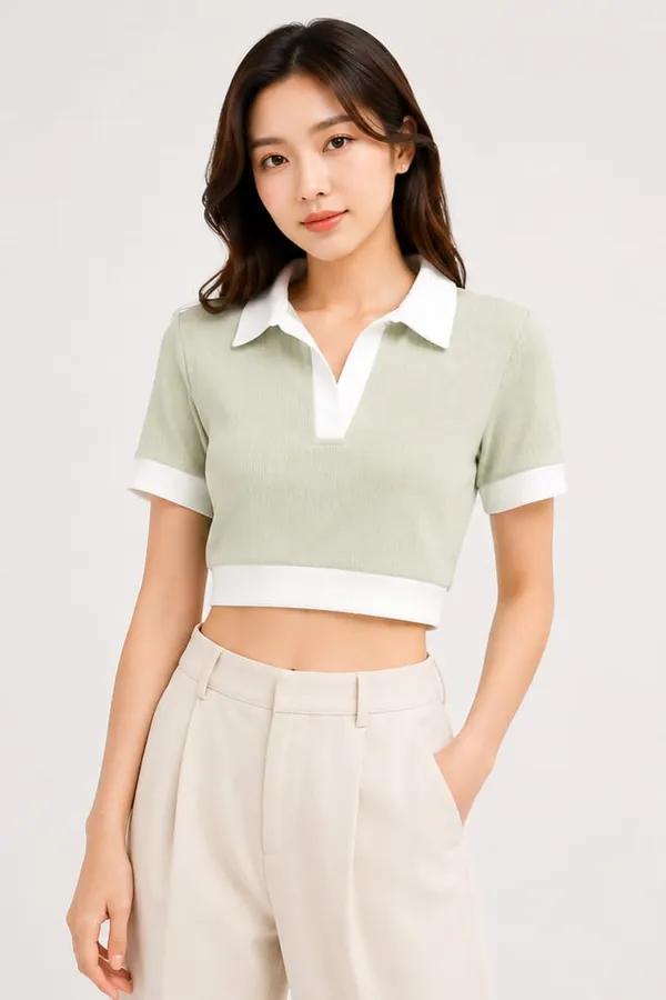 Mint_Green_Cotton_Knit_Polo_Collar_Crop_Top_For_Women