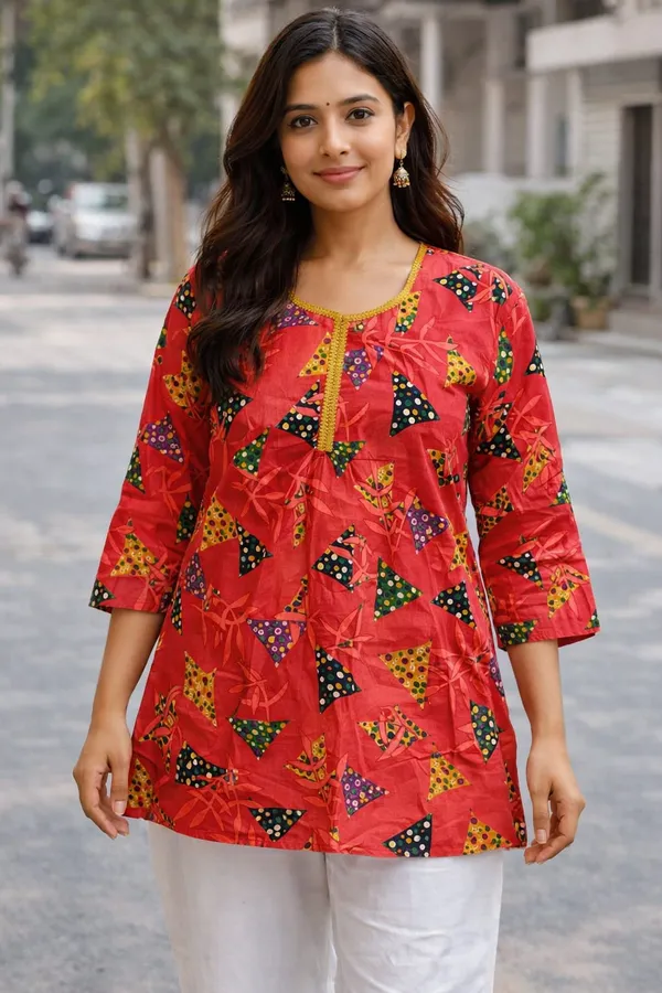 Red_Cotton_Floral_Print_A-Line_Short_Kurta_For_Women