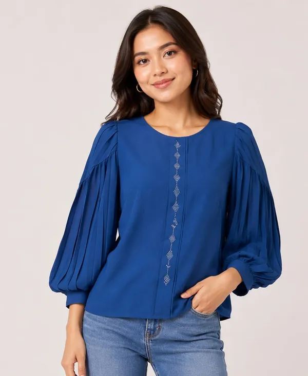 Blue_Satin_Pleated_Balloon_Sleeve_Top_For_Women
