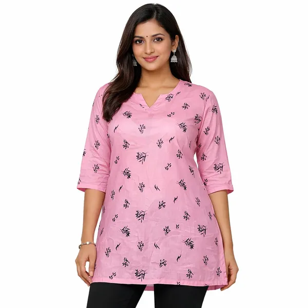 Pink_Cotton_Floral_Print_Relaxed_Short_Kurti_For_Women