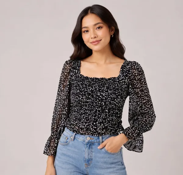 Black_Chiffon_Floral_Print_Square_Neck_Top_For_Women
