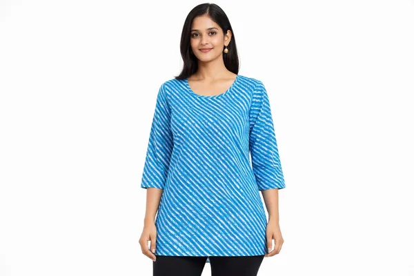 Blue_Cotton_Diagonal_Striped_A-Line_Short_Kurti_For_Women