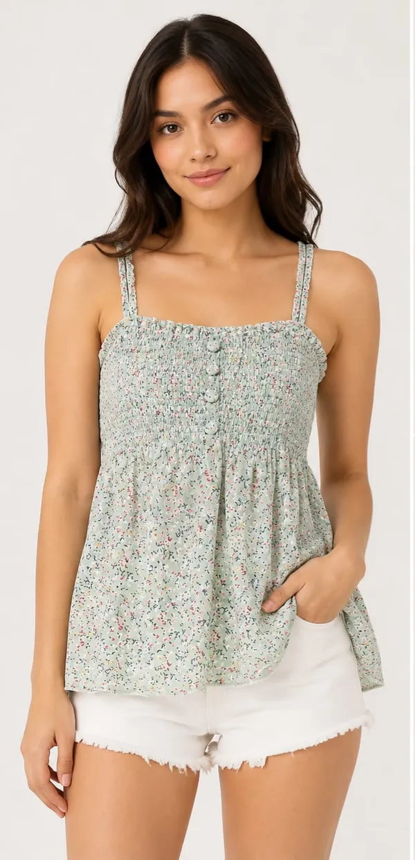 Sage_Green_Chiffon_Floral_Print_Smocked_Tank_Top_For_Women