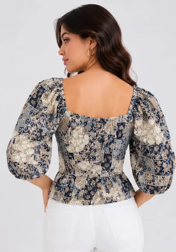 Blue_Crepe_Paisley_Print_Puff_Sleeve_Peplum_Top_For_Women