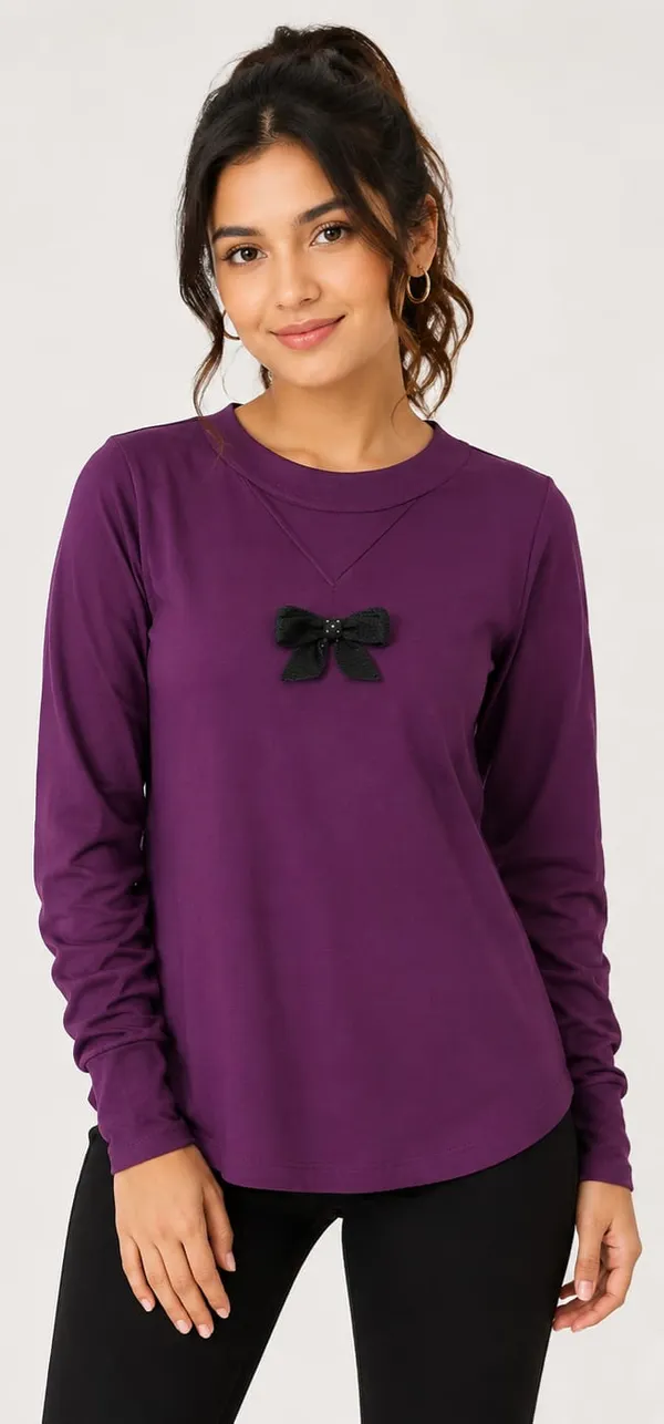Wine_Rayon_Bow_Detail_Long_Sleeve_Top_For_Women