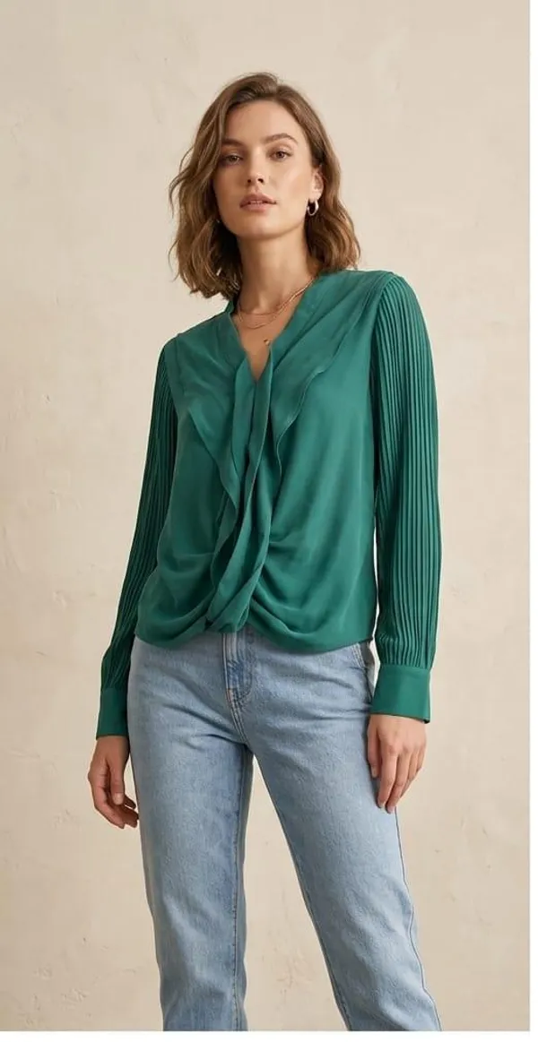 Green_Chiffon_Pleated_Sleeve_Draped_Front_Blouse_For_Women