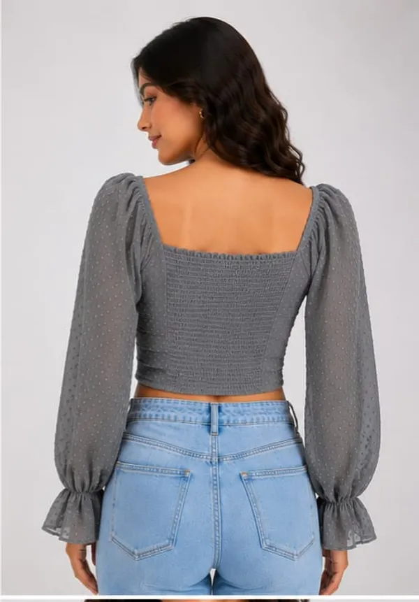 Grey_Chiffon_Puff_Sleeve_Ruched_Crop_Top_For_Women