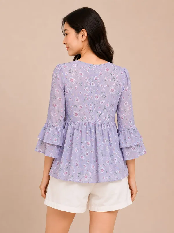 Grey_Chiffon_Floral_Print_Bell_Sleeve_Top_For_Women