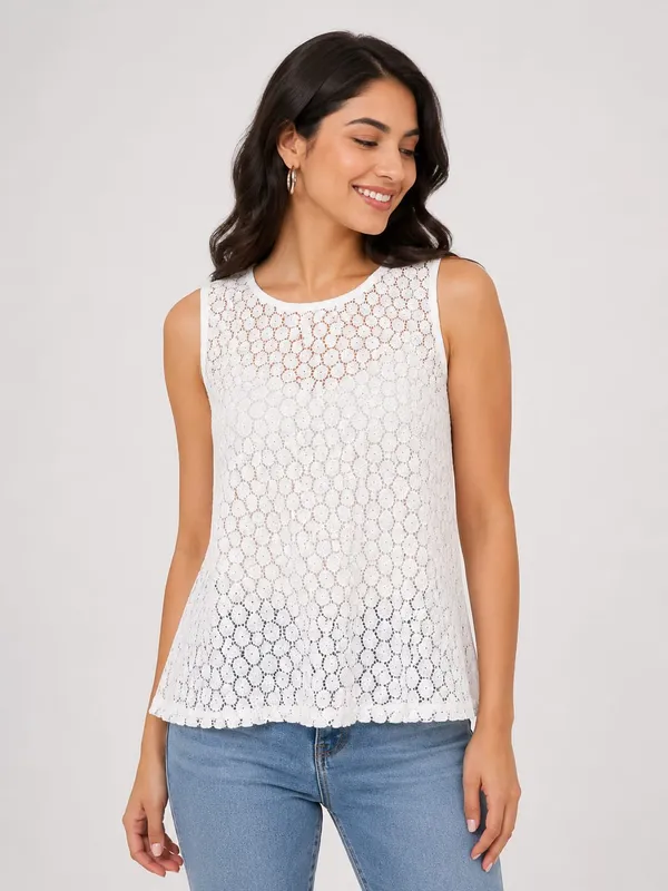 White_Net_Lace_Sleeveless_Top_For_Women