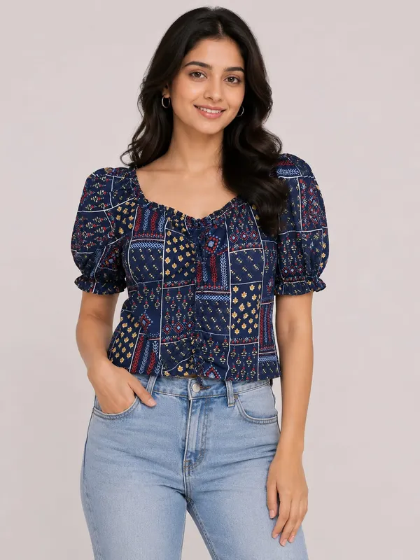 Blue_Rayon_Patchwork_Puff_Sleeve_Crop_Top_For_Women