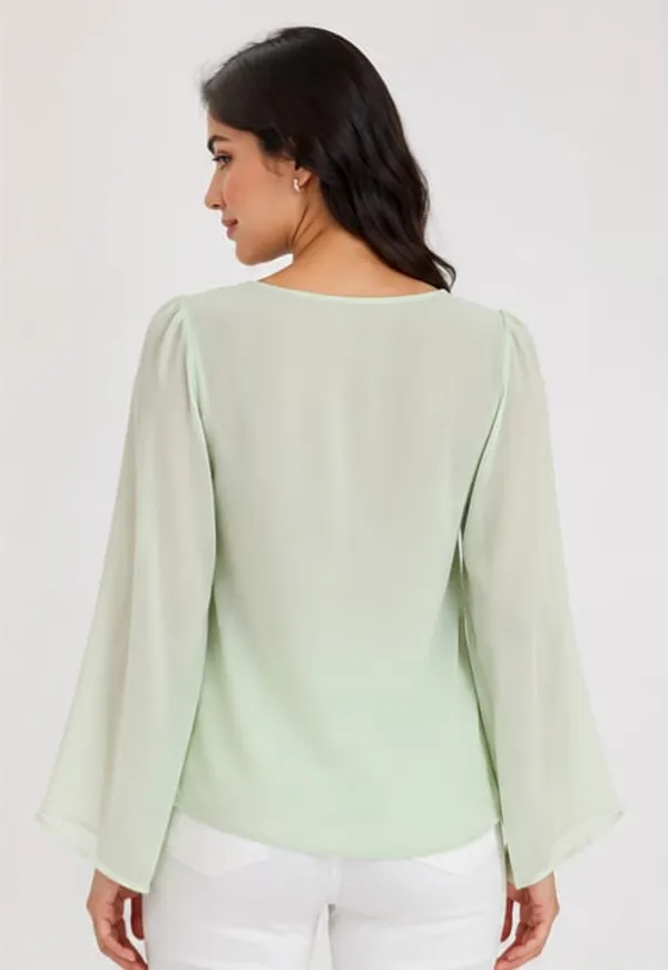 Green_Crepe_Pintuck_Pleated_Long_Sleeve_Top_For_Women