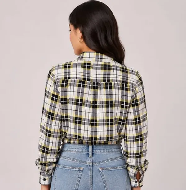 Yellow_Rayon_Plaid_Cropped_Button-Down_Shirt_For_Women