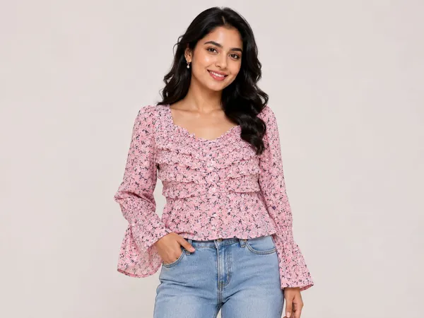 Pink_Chiffon_Floral_Print_Smocked_Peplum_Top_For_Women