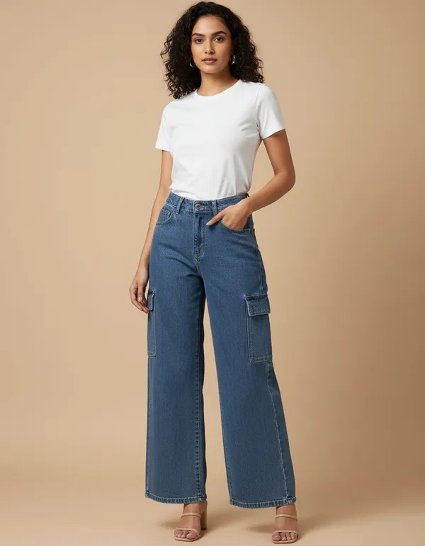 Dark_Blue_Denim_Wide_Leg_Cargo_Jeans_For_Women
