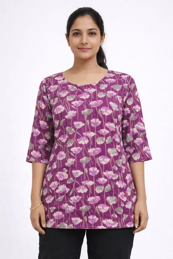 Purple_Cotton_Floral_Print_Relaxed_Tunic_Kurti_For_Women