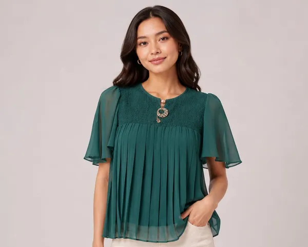 Green_Chiffon_Flutter_Sleeve_Pleated_Top_For_Women