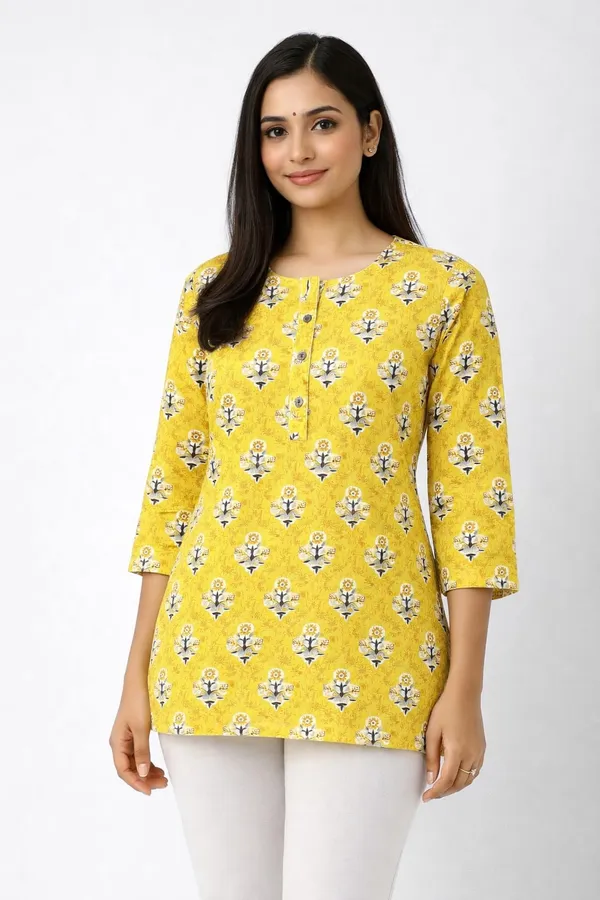 Yellow_Cotton_Block_Print_Short_Kurta_For_Women