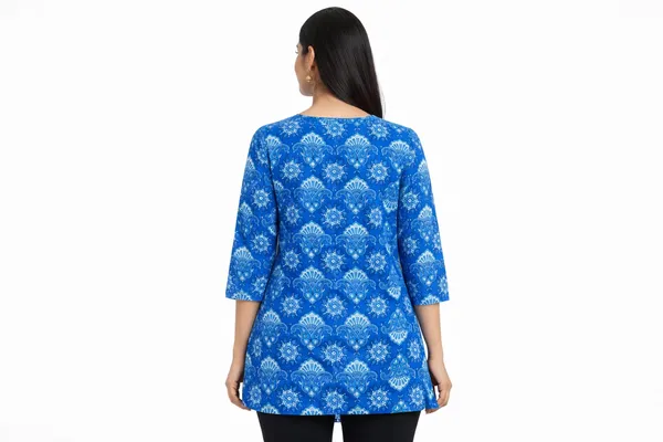 Royal_Blue_Cotton_Floral_Print_Straight_Tunic_Top_For_Women